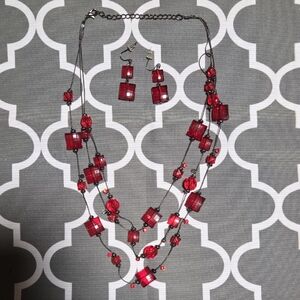 Elegant Vintage Red Beaded Necklace and Earring Set